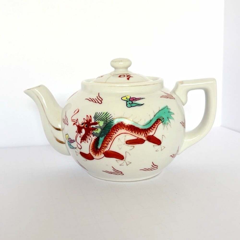 Vintage Lawson Chinese Dragon Teapot Porcelain Hand Painted Gold Accents